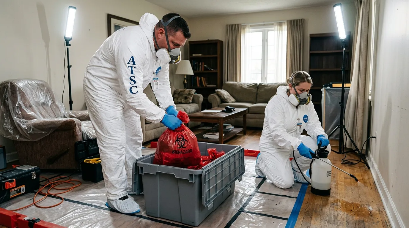 Professional Hoarding Cleanup technician in full PPE working in Warrenton